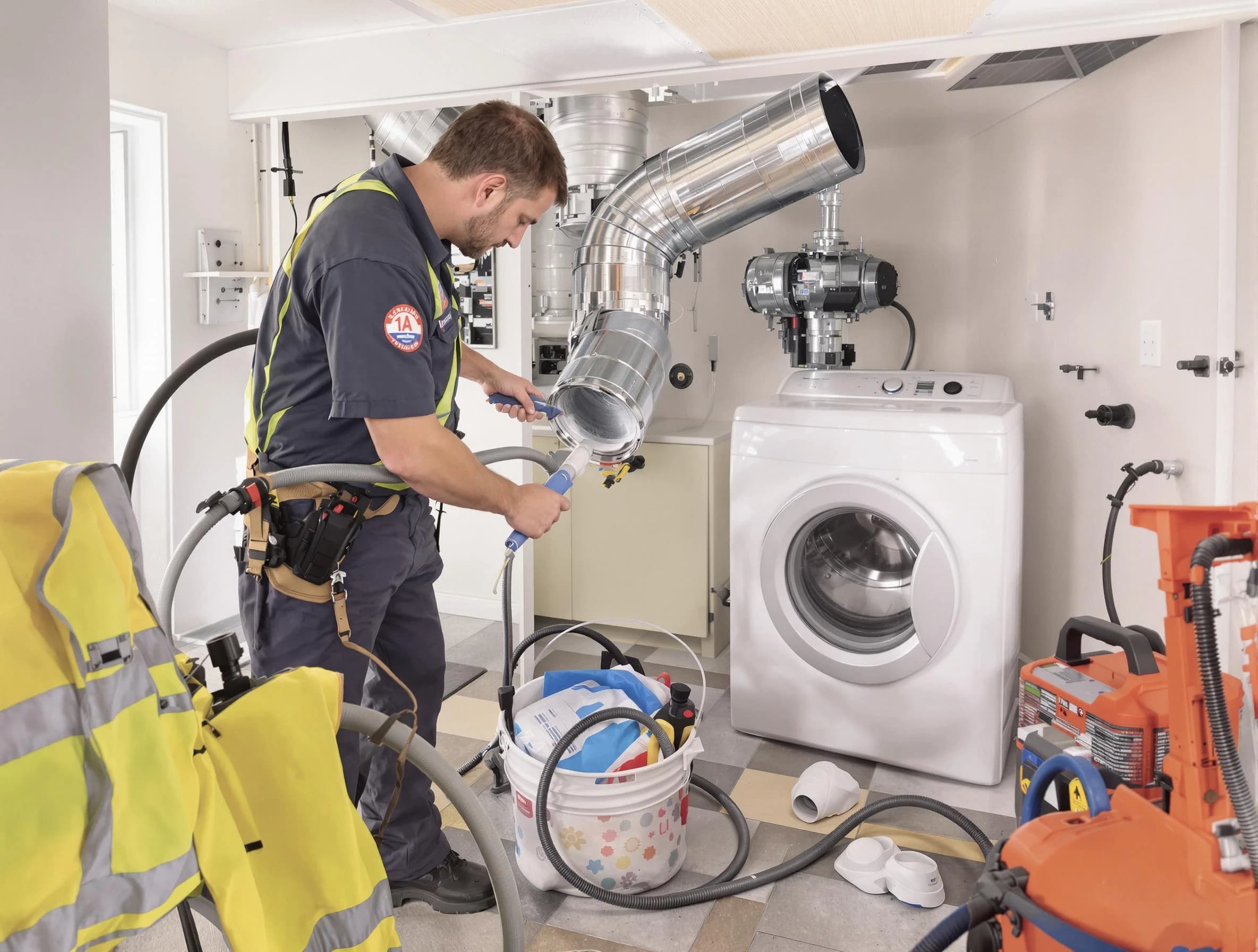 Los Ranchos de Albuquerque Dryer Vent Cleaning technician using specialized equipment to clear severe dryer vent blockage in Los Ranchos de Albuquerque