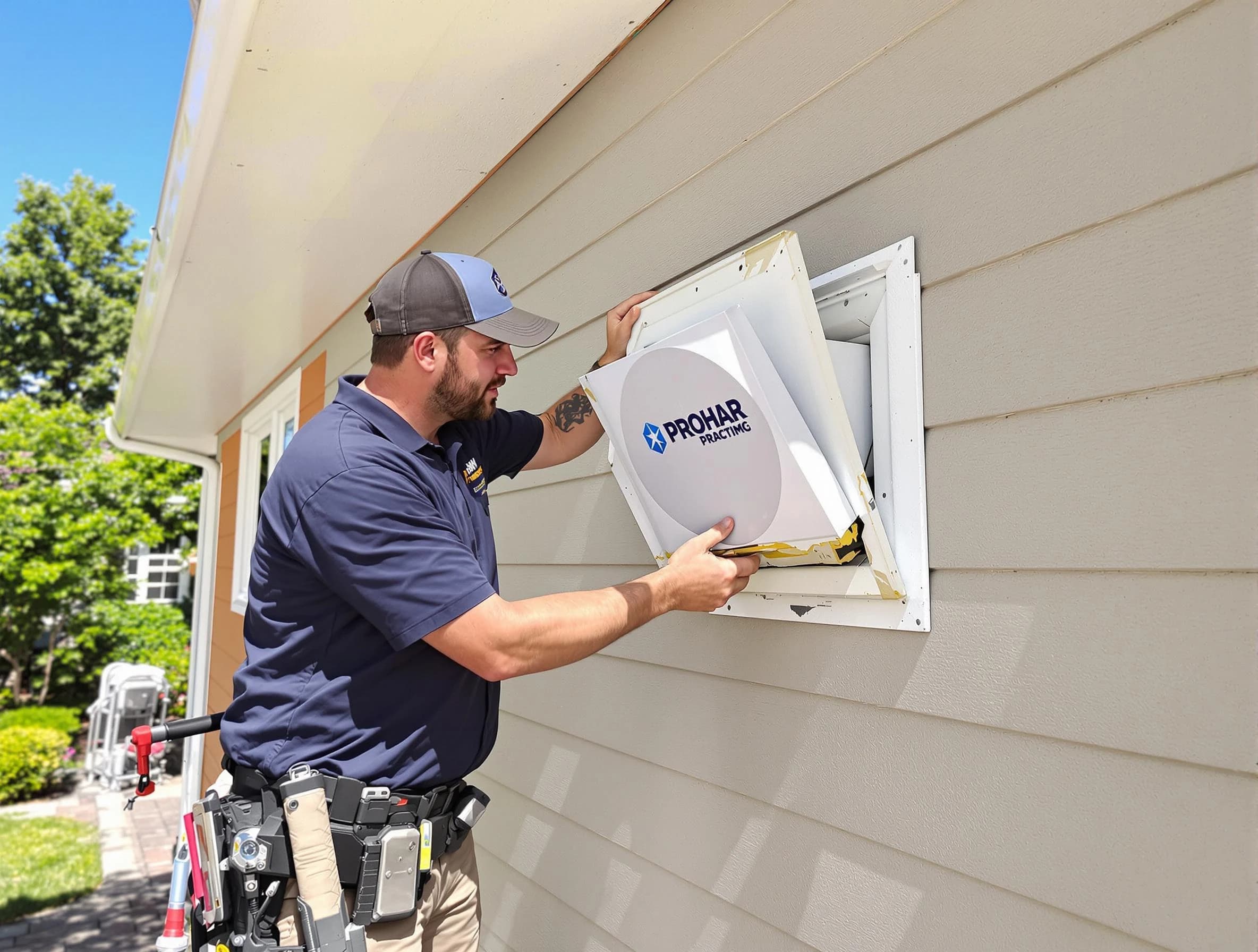 Los Ranchos de Albuquerque Dryer Vent Cleaning technician installing a new protective dryer vent cover on a home in Los Ranchos de Albuquerque