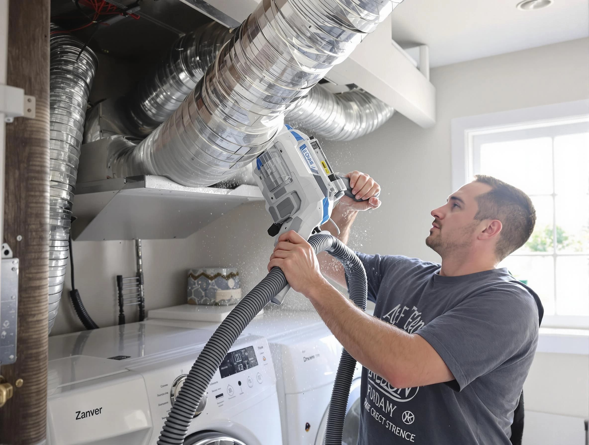 Los Ranchos de Albuquerque Dryer Vent Cleaning specialist cleaning deep within a dryer vent duct system in Los Ranchos de Albuquerque