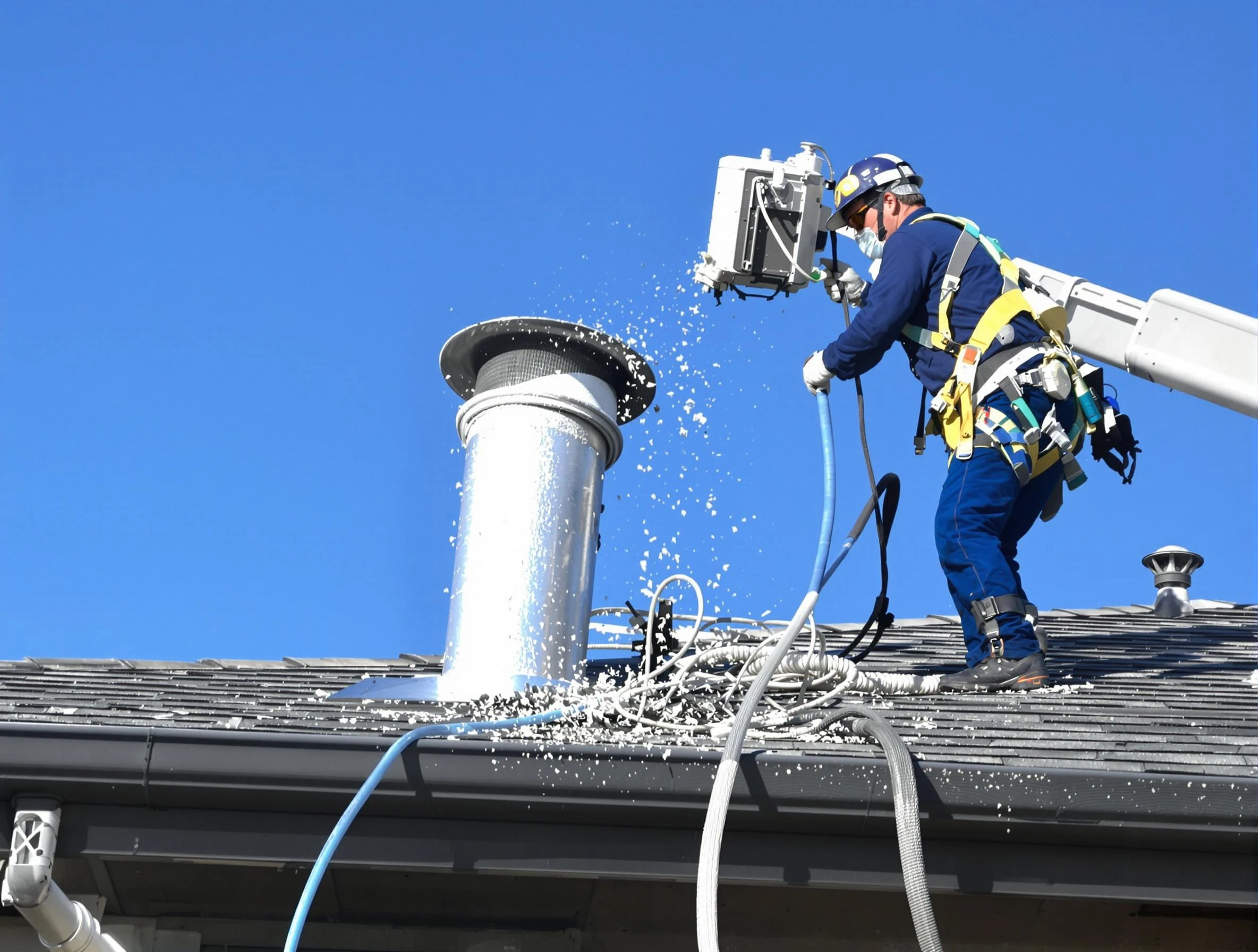 Los Ranchos de Albuquerque Dryer Vent Cleaning certified technician safely cleaning a roof-mounted dryer vent in Los Ranchos de Albuquerque