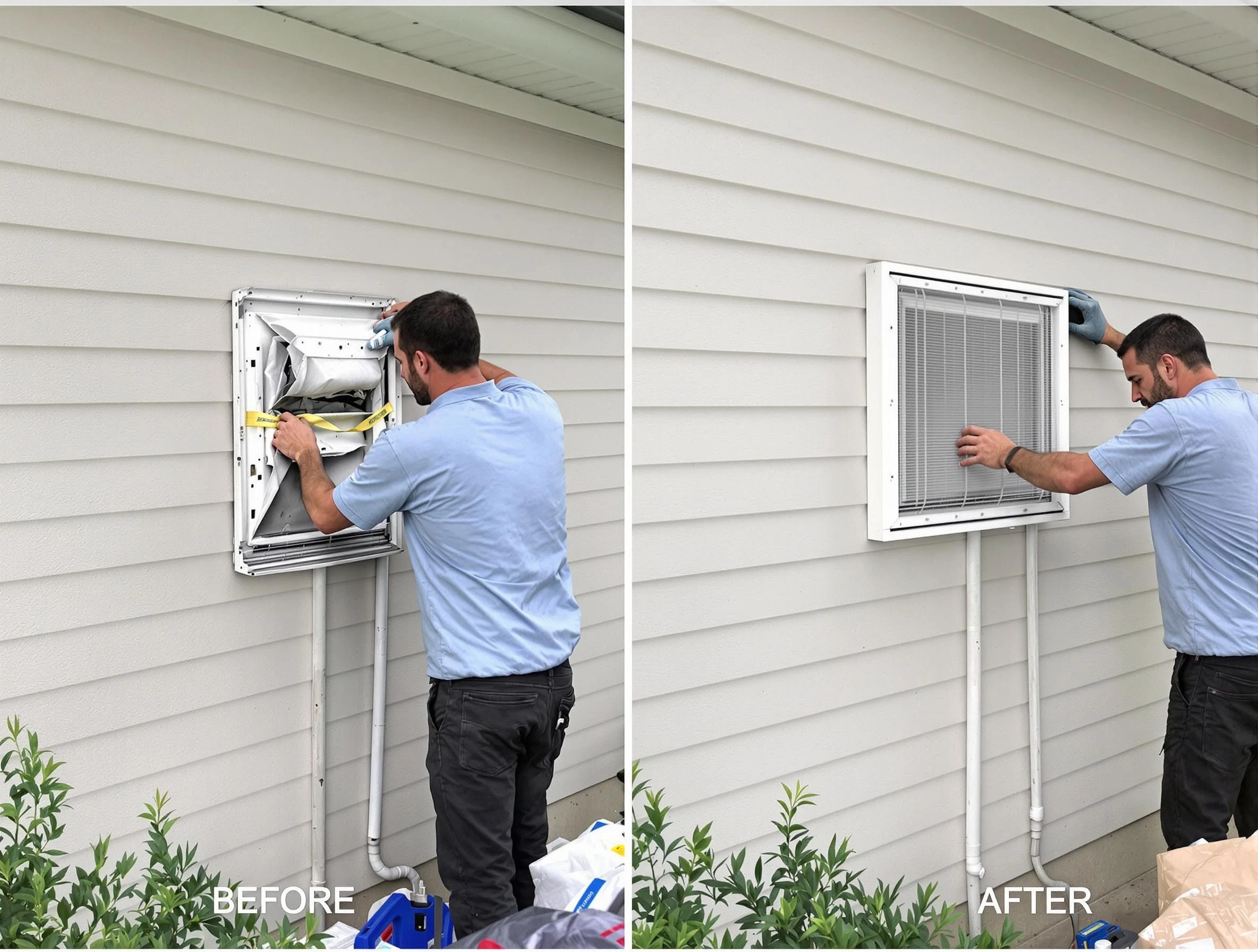 Los Ranchos de Albuquerque Dryer Vent Cleaning technician installing high-quality dryer vent cover at a residential property in Los Ranchos de Albuquerque